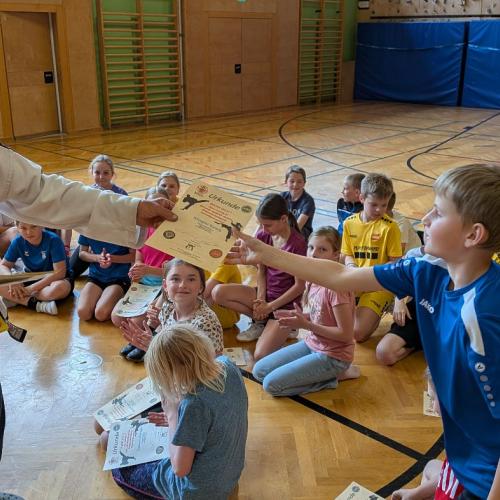 Ein Schüler nimmt die Urkunde entgegen